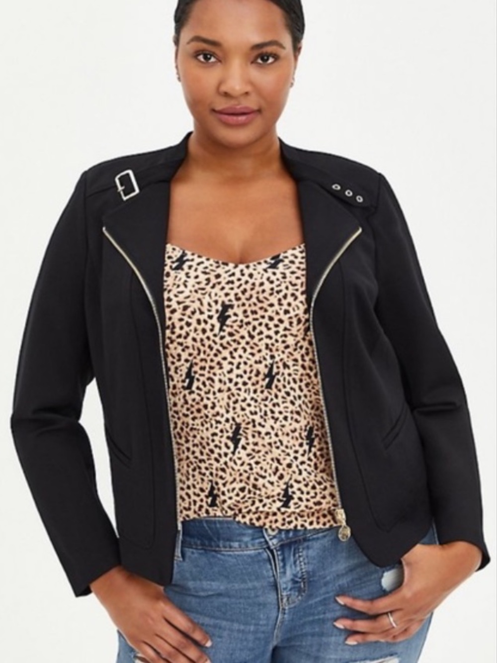 Torrid Size 2 Black and Gold ZipUp Moto Jacket Cardigan